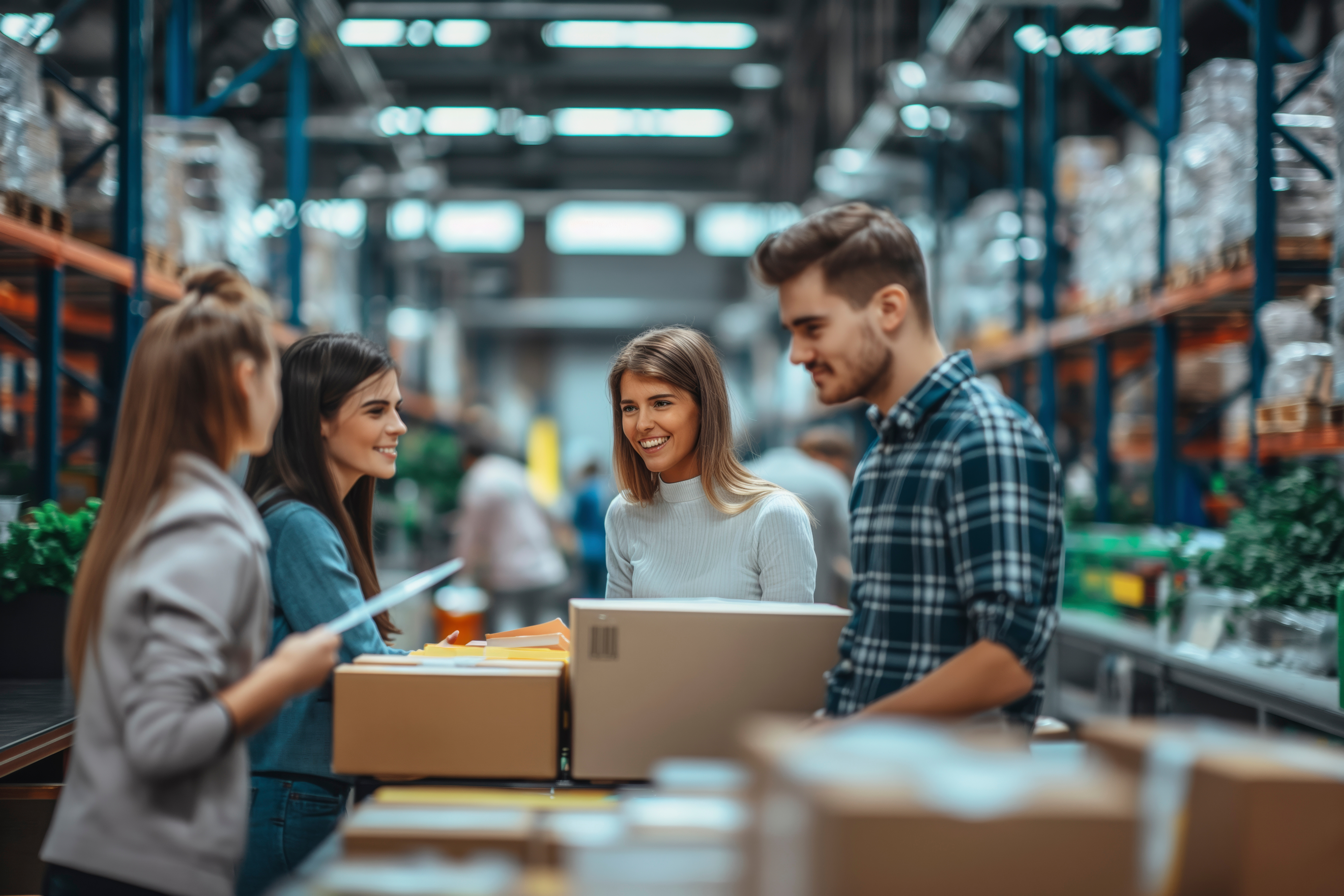 A smiling group of individuals stands in a warehouse, engaged in conversation. Boxes surround them as they utilize a laptop, suggesting collaboration and teamwork in a logistical or industrial setting