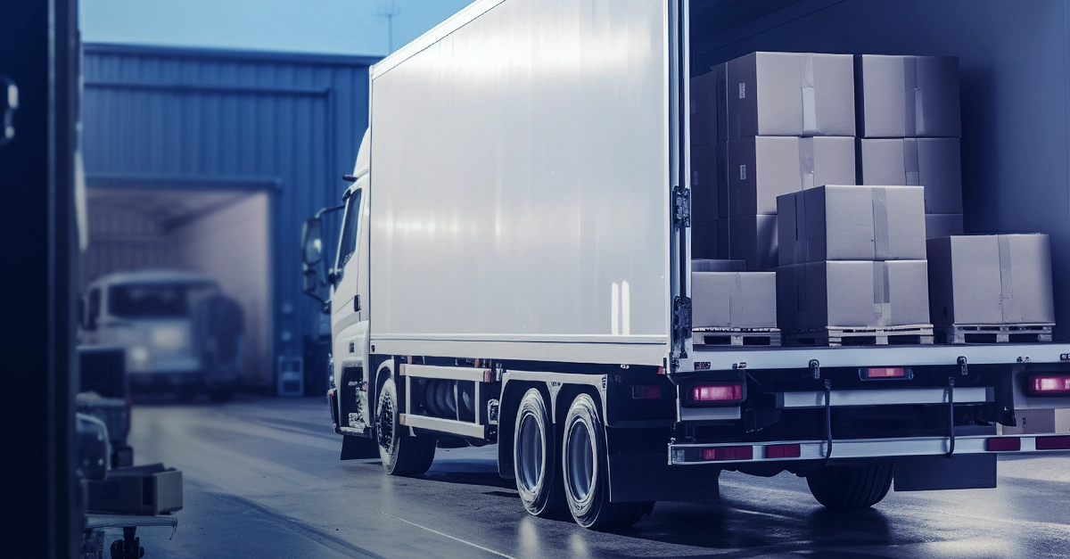 A semi truck is driving down a road. It contains pallets of freight being shipped by a business that uses LTL shipping for NetSuite to process orders and ship products.