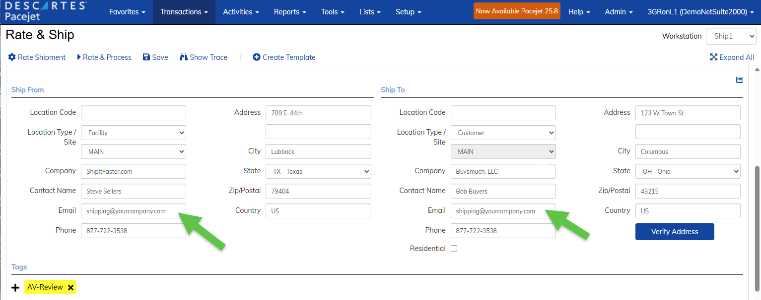 Pacejet_Rate_Ship_Emails A screenshot of the Descartes Pacejet shipping software user interface with green arrows pointing to the Email fields, populated with example “shipping@yourcompany.com”
