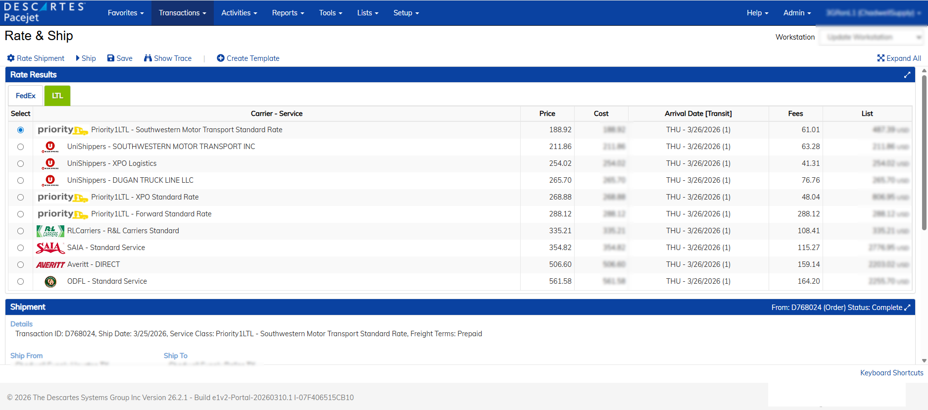 A screenshot of Descartes Pacejet multi-carrier, multi-modal shipping software. It displays LTL carrier and service options including a mix of 3PL and LTL carrier direct accounts. The 3PL UniShippers appears as a carrier with service options and quoted rates for Southwestern Motor Transport Inc., XPS Logistics, and Dugan Truck Line LLC, alongside carriers like Priority1, SAIA, and Averitt with whom the customer has direct accounts.