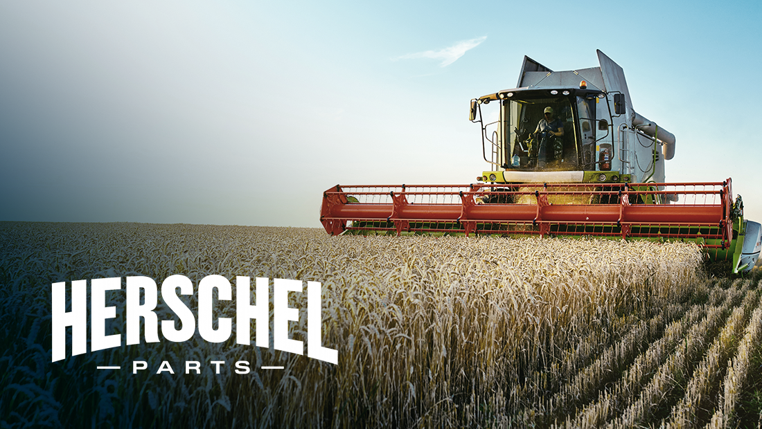 Herschel Parts logo with a corn field being harvested by a large combine